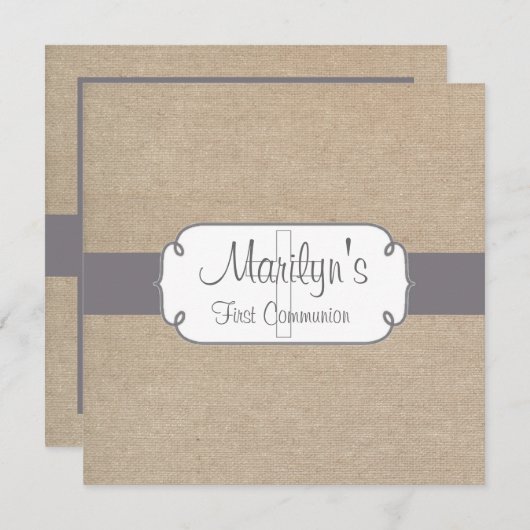 Rustikales Grau und Beige Burlap Erste Kommune Einladung (Vorne/Hinten)