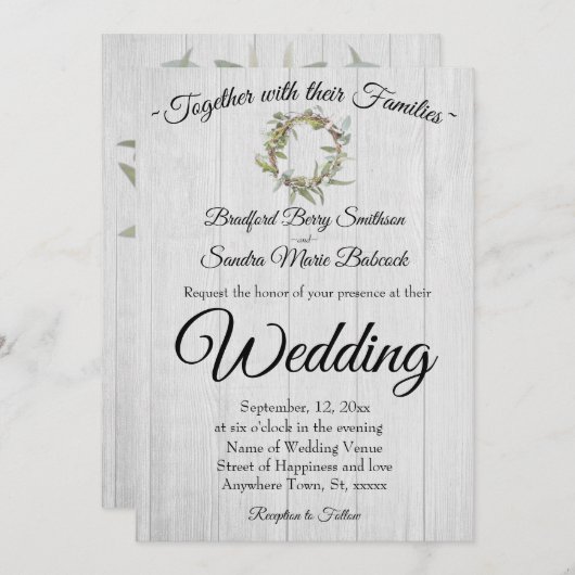 Rustikales graues Barnholz, Eukalyptus Wreath Wedd Einladung (Vorne/Hinten)