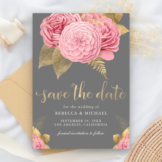 Rustikales graues Gold Dusty Pink Floral Wedding Save The Date