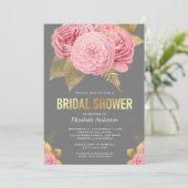 Rustikales graues goldfarbenes, rosafarbenes Braut Einladung (Stehend Vorderseite)