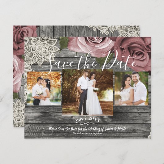 Rustikales graues, rosafarbenes Foto Save the Date (Vorne/Hinten)