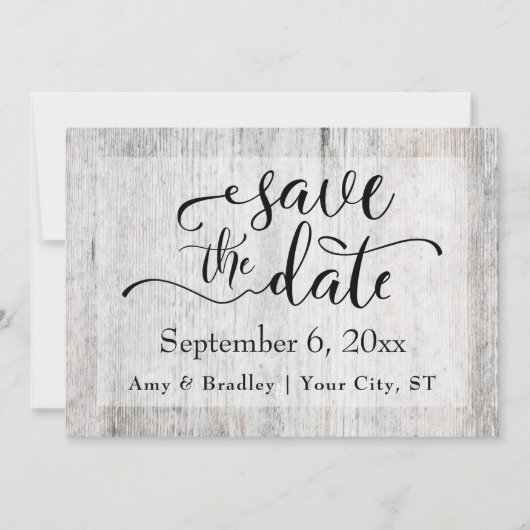 Rustikales graues Wetter-Holz Hochzeit speichern d Save The Date (Vorderseite)