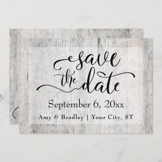 Rustikales graues Wetter-Holz Hochzeit speichern d Save The Date (Vorne/Hinten)