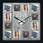 Rustikales Grauholz 12 FotoCollage Jubiläum Liebe Quadratische Wanduhr<br><div class="desc">Personalisierte Foto Collage Uhr mit dem Liebe Zitat - "So sieht Liebe aus". Ein einzigartiges Geschenk für Hochzeit,  Valentinstag und Feiertage.</div>