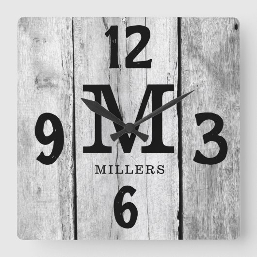Rustikales Grauholz-Familienname Monogram Bauernho Quadratische Wanduhr (Vorderseite)