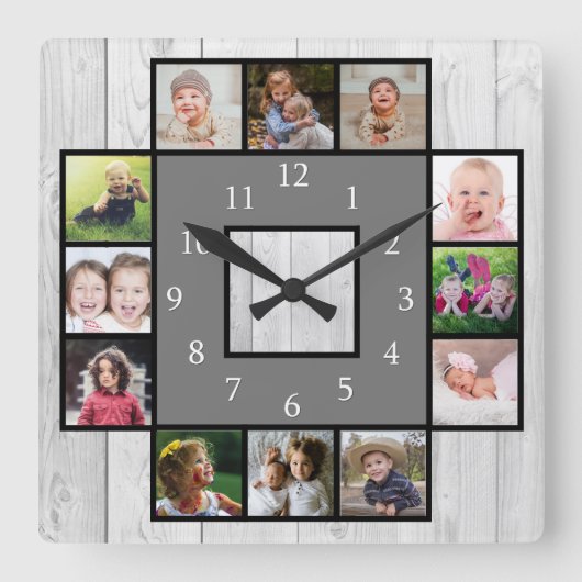 Rustikales Grauholz kreiert Ihre eigene 12-FotoCol Quadratische Wanduhr (Vorderseite)