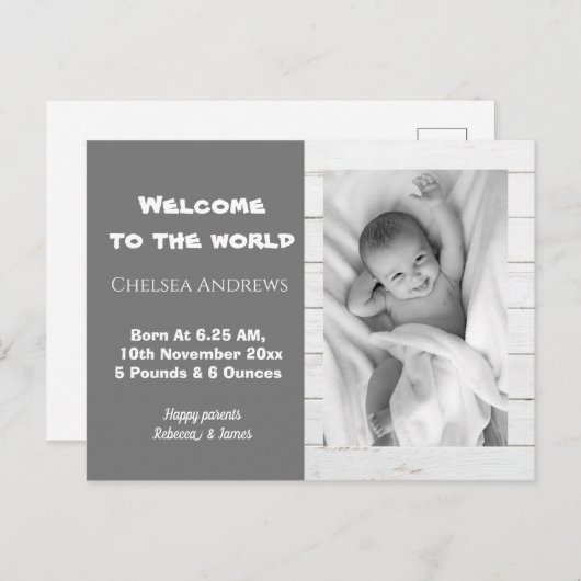 Rustikales Gray Baby Foto Geburtsankündigung Postk Postkarte (Vorne/Hinten)