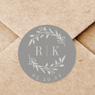 Rustikales Gray Botanical Wreath Wedgram Runder Aufkleber