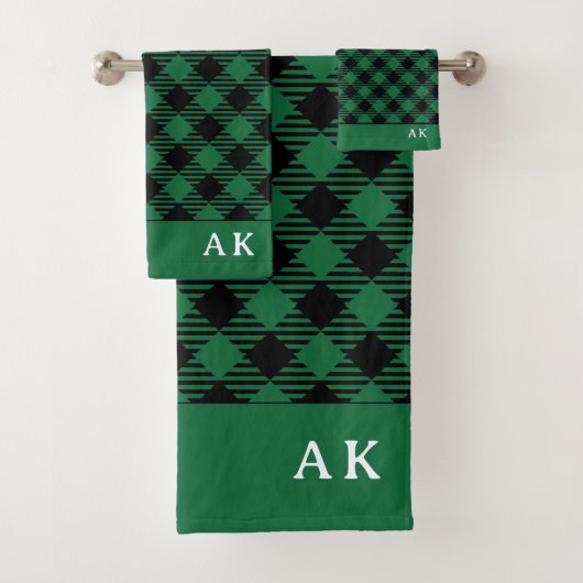 Rustikales Green Black Buffalo Karo Monogram Badhandtuch Set (Insitu)