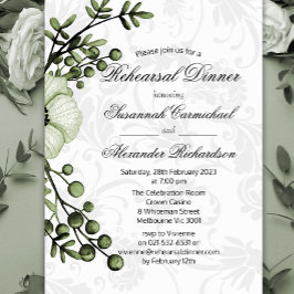 Rustikales Green Bouquet und Damask Probe Dinner Einladung