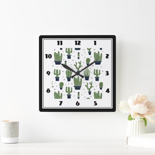 Rustikales Green Cactus Wüstenmuster Quadratische Wanduhr (Zuhause)