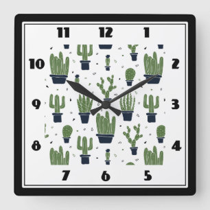 Rustikales Green Cactus Wüstenmuster Quadratische Wanduhr