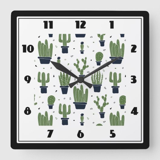 Rustikales Green Cactus Wüstenmuster Quadratische Wanduhr (Vorderseite)