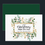 Rustikales Green Elegant Script Gold Foliage Blora Feiertagskarte<br><div class="desc">Rustikale Green Elegant Script Gold Foliage Floral Holiday Card. Mit diesen schlichten, schicken und modernen Grußkarten senden Sie Ihren Lieben herzliche Wünsche und Grüße! Ein hübscher Rahmen aus Aquarellgold und grünem Blattwerk mit roten Beeren. In der Mitte finden Sie Ihre Grußbotschaft "Frohe Weihnachten & GLÜCKLICHes NEUES JAHR" mit personalisierbaren Namen....</div>