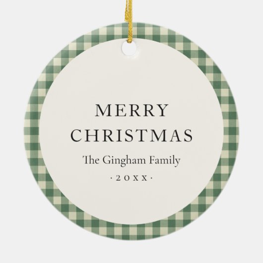 Rustikales Green Gingham Foto Moderne Weihnachten Keramik Ornament (Hinten)
