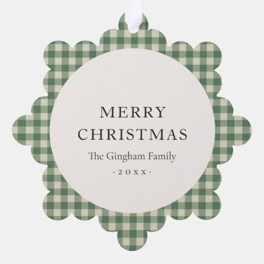 Rustikales Green Gingham Foto Moderne Weihnachten Ornament Karte (Rückseite)