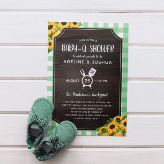 Rustikales Green Gingham Sunflowers Baby-Q Dusche Einladung