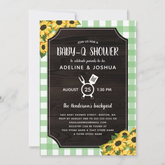 Rustikales Green Gingham Sunflowers Baby-Q Dusche Einladung (Vorderseite)