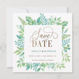 Rustikales Greenery Gold Floral Foto Save the Date Ankündigung