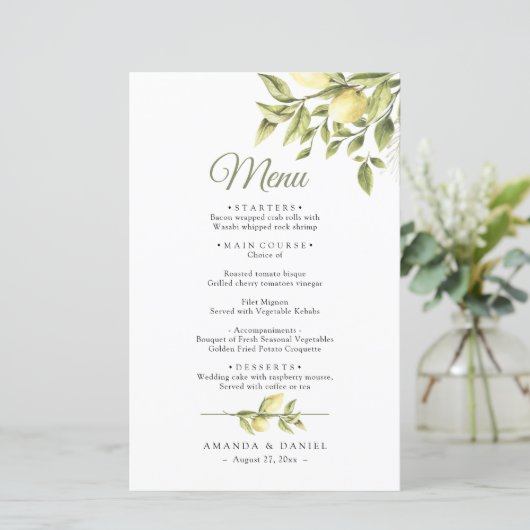 Rustikales Greenery Lemons Wedding Menu (Stehend Vorderseite)