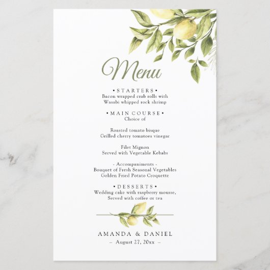 Rustikales Greenery Lemons Wedding Menu (Vorderseite)