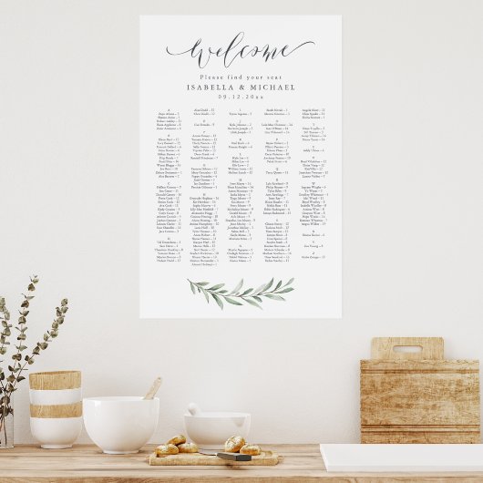 Rustikales Greenery Script Alphabetischer Sitzplan Poster (Küche)