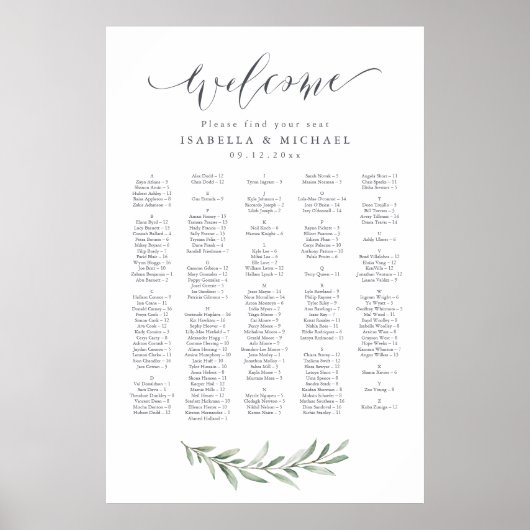 Rustikales Greenery Script Alphabetischer Sitzplan Poster (Vorne)