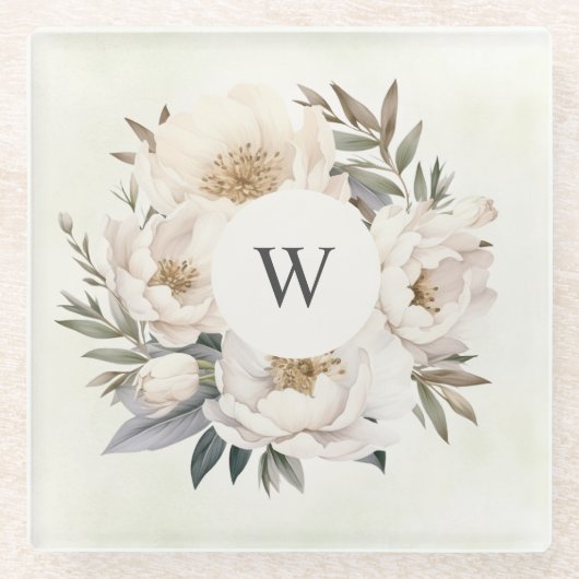 Rustikales Greenery White Floral Monogram Wedding Glasuntersetzer (Vorderseite)
