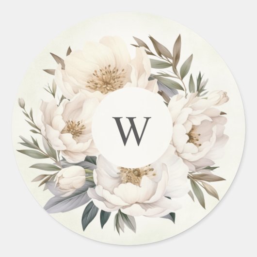 Rustikales Greenery White Floral Monogram Wedding Runder Aufkleber (Vorderseite)