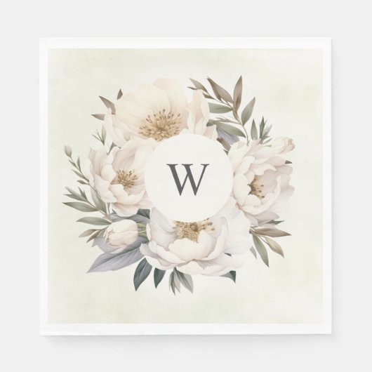 Rustikales Greenery White Floral Monogram Wedding Serviette (Vorderseite)
