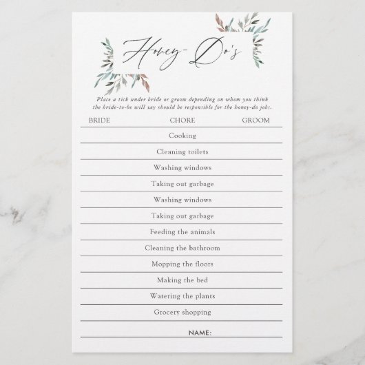 Rustikales Greenery Winter Brautparty Honey-Do Gam (Vorderseite)