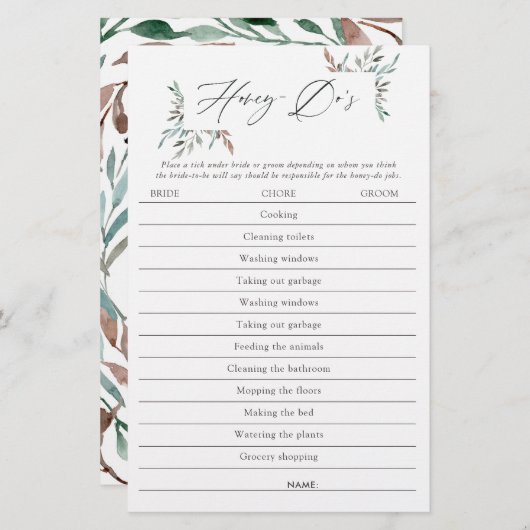 Rustikales Greenery Winter Brautparty Honey-Do Gam (Vorne/Hinten)