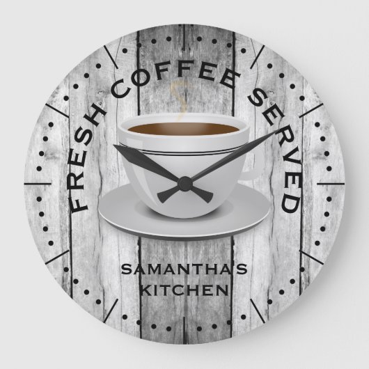 Rustikales Grey Wood Coffee Theme Bauernhof Küche Große Wanduhr (Vorderseite)