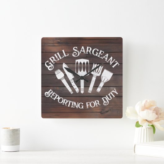 Rustikales "Grill Sargeant" - Funny GRILLEN Gift Quadratische Wanduhr (Zuhause)
