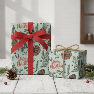Rustikales Grün Frohe Weihnachten Kiefernzapfen St Geschenkpapier