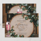 Rustikales Grün & Holz-Slice Brunch & Bubbly Einladung (Vorne/Hinten)