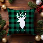 Rustikales Grün Kariert und Rentier Weihnachten Kissen<br><div class="desc">Spaß und trendige Weihnachtsgestaltung,  die mit Ihrem Monogramm,  Initial,  Name oder beliebigen Text oder Datum Ihrer Wahl personalisiert werden kann.</div>