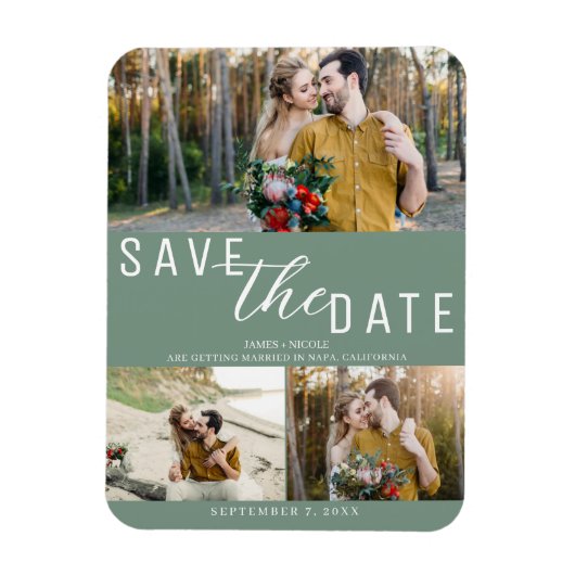 Rustikales Grün Save the Date Hochzeit 3 Fotos Magnet (Vertikal)
