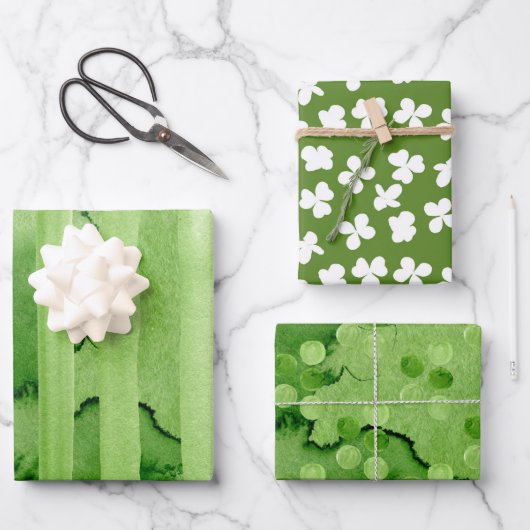 Rustikales Grün und Weiß Kleeblatt Clovers Set 3 Geschenkpapier Set (Vorderseite)