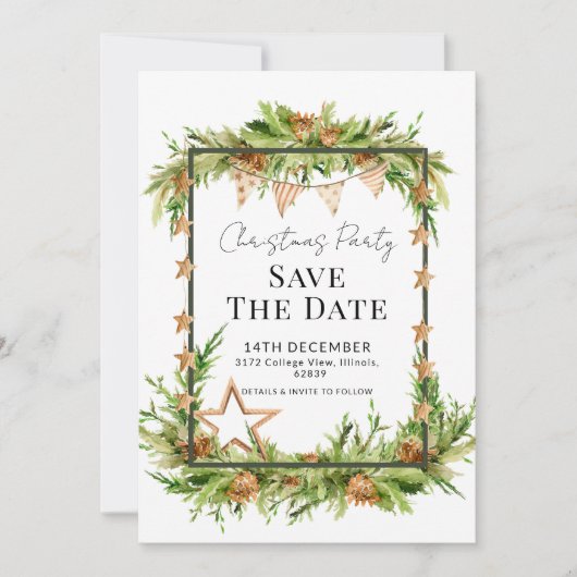 Rustikales Grün Weihnachtsfest Party Save the Date Einladung (Vorderseite)