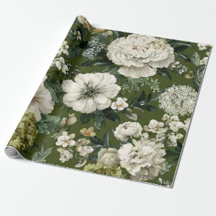 Rustikales Grün-Weiß-Botanisches-Kühn-Antikes-Blum Geschenkpapier
