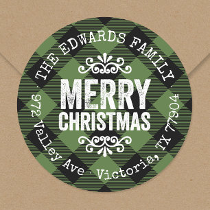 Rustikales grünes Buffalo Karo Rücksendeadresse Runder Aufkleber