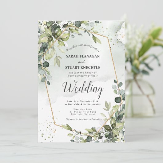 Rustikales grünes Eukalyptus-Arch-Foto QR-Code Hoc Einladung (Stehend Vorderseite)