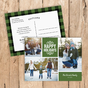 Rustikales grünes Happy Holidays 3 Foto Collage Feiertagspostkarte