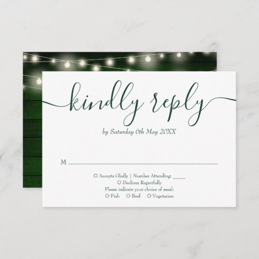 Rustikales Grünes Holz-String leuchtet Blumenschri RSVP Karte (Vorne/Hinten)