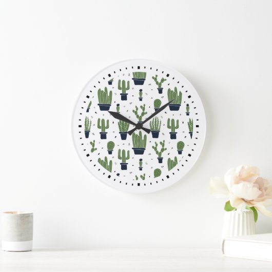 Rustikales Grünes Kaktus-Wüstenmuster Große Wanduhr (Zuhause)