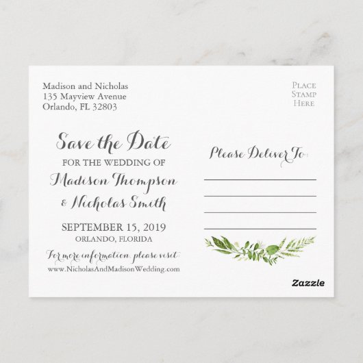 Rustikales grünes Kraut Save the Date Postkarten (Rückseite)