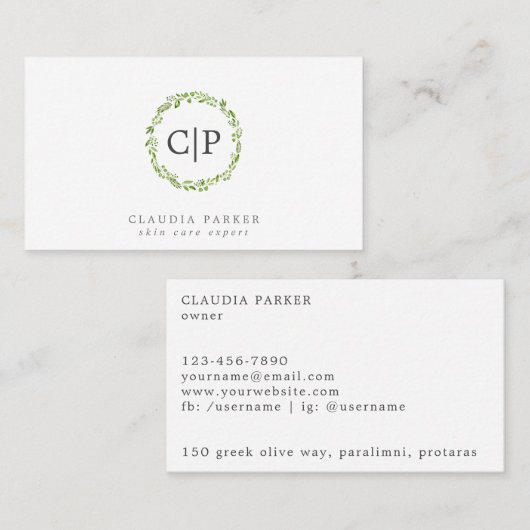 Rustikales grünes Olive-Leaf-Kränz-Monogramm Visitenkarte (Vorne/Hinten)