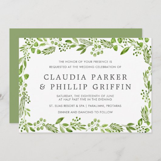 Rustikales Grünes Olive Leaf Rahmen Horizontal Wed Einladung (Vorne/Hinten)