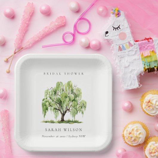 Rustikales Grünes Wasserfarben Willow Tree Brautpa Pappteller (Party)